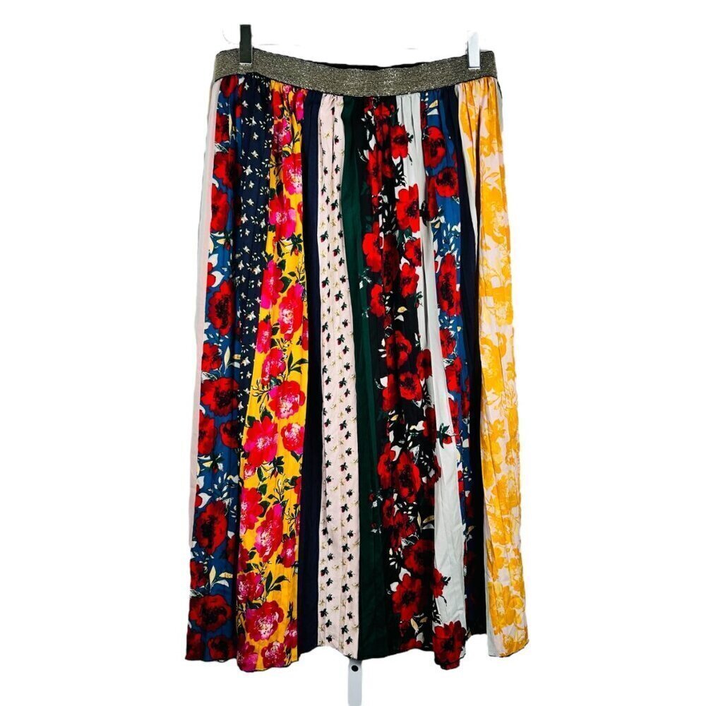 Multicolor Patchwork Pleated Midi Skirt Boho Floral Gold Medium